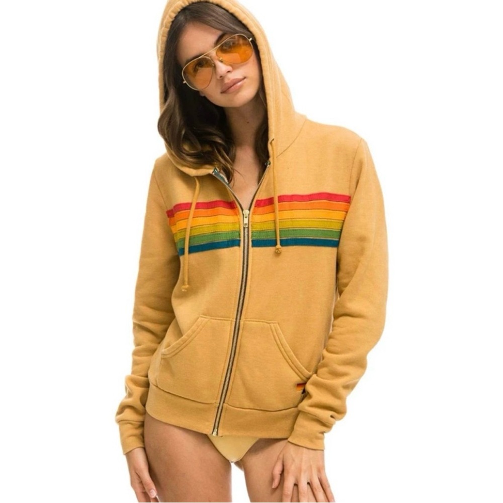 Women's Aviator Nation 6 Stripe Zip Hoodie Light Khaki Tan Serape Rainbow Small